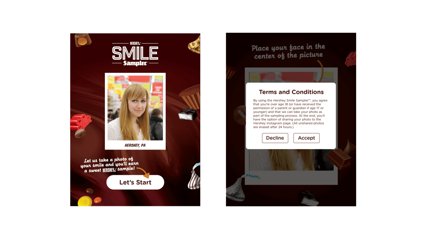 Hershey's Smile Sampler UI: Home, Terms & Conditions Screens